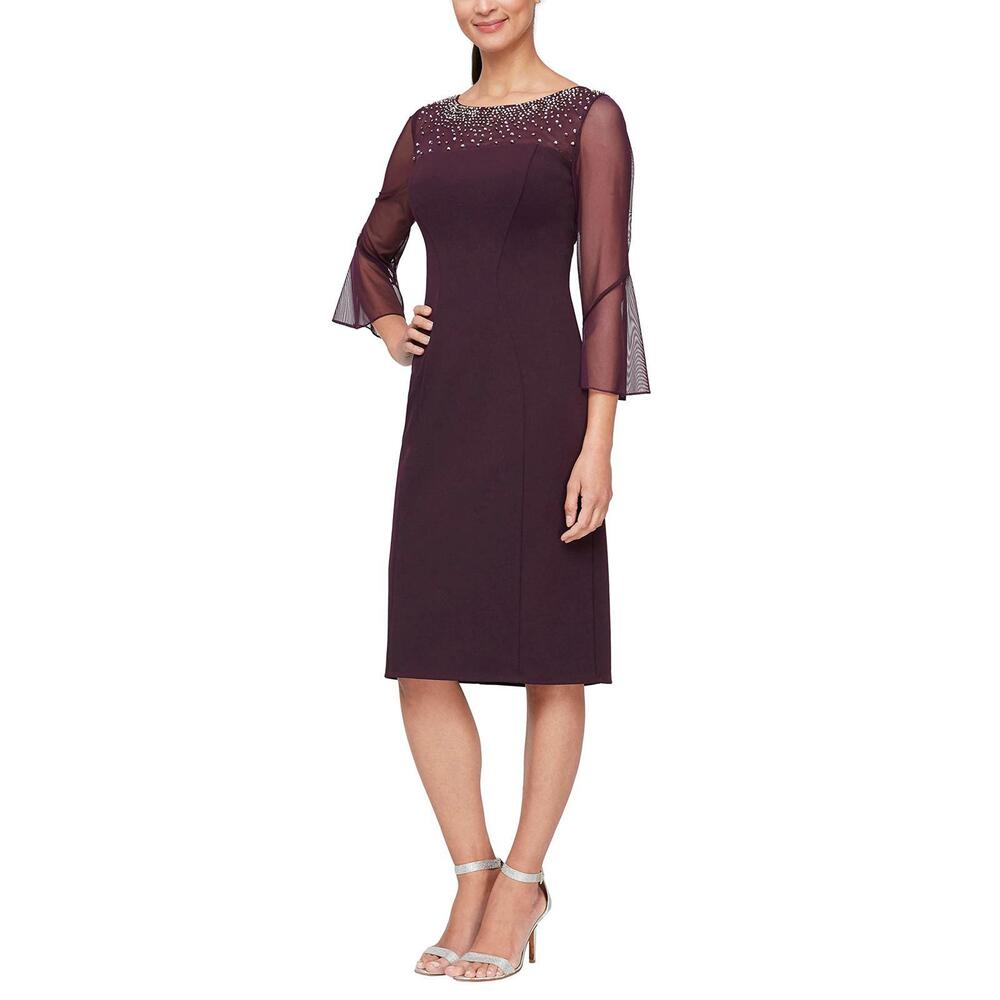 Alex Evenings Shift Dress w/ Embellished Illusion Neck in Aubergine, Size 10 NWT